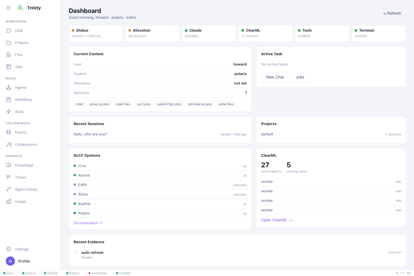 Trinity Dashboard after login