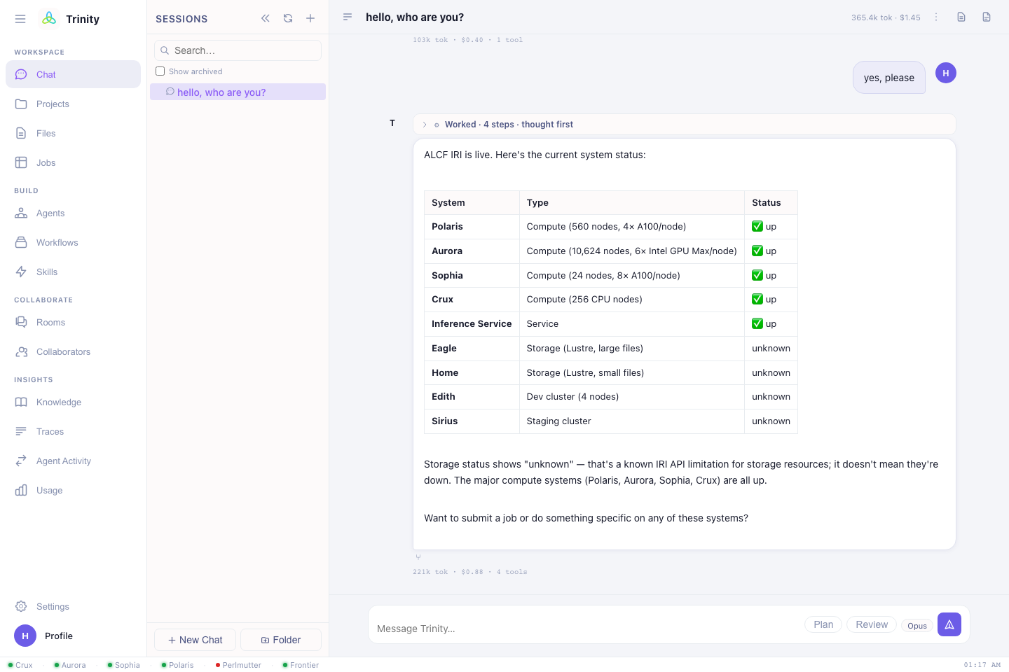 A Trinity chat session checking facility status
